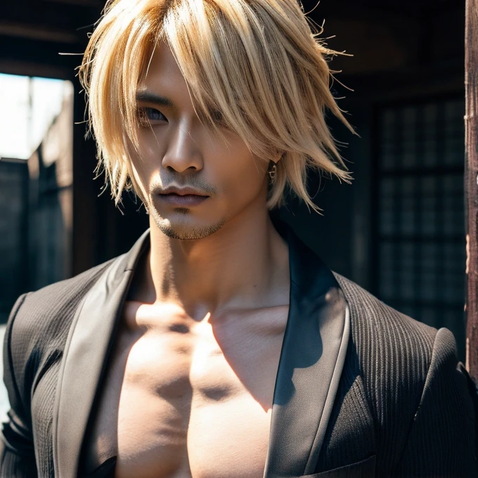 1 man, male, Japanese man, Visual Kai hairstyle, ultra detailed face and body, hyperrealistic, realistic representation, muscular, broad shoulders, tattoos gothic style, Visual Kei style, hairstyle Visual Kei, blond, long hair, 30 years old, age 30, outfit gothic , men's shirt and black pants, Asian eyes, eyes, Visual Kei hairstyle 