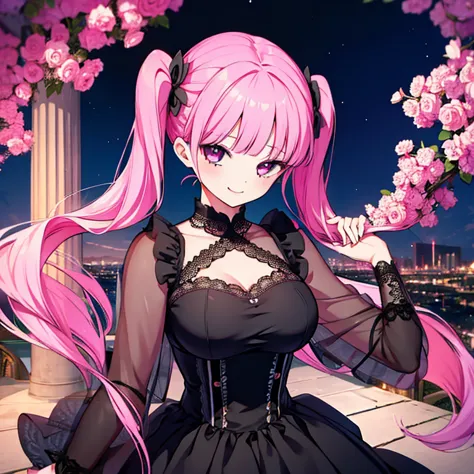 1 girl、mature、ample breasts、long hair、twin tails、pink hair、black dress、lace fabric、smile、rose、night sky、ancient city