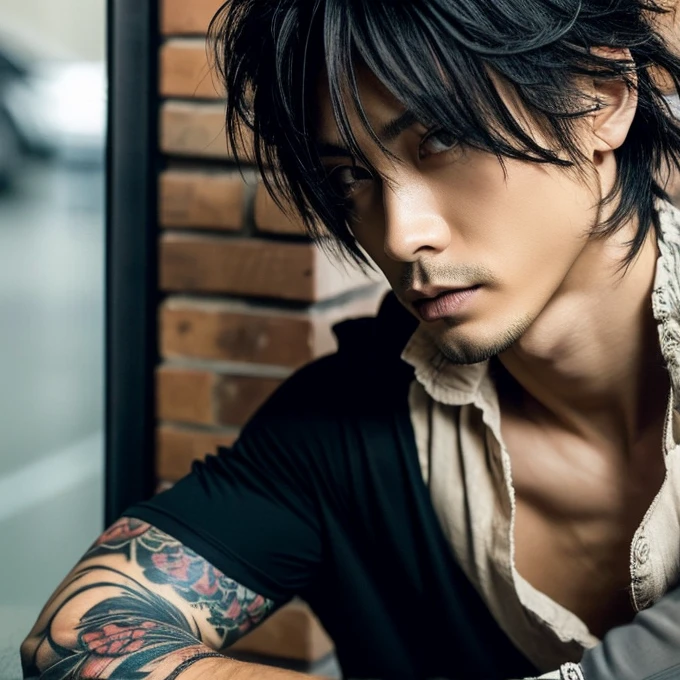 1 man, male, Japanese man, Visual Kai hairstyle, ultra detailed face and body, hyperrealistic, realistic representation, muscular, broad shoulders, tattoos gothic style, Visual Kei style, hairstyle Visual Kei, blond, long hair, 30 years old, age 30, outfit gothic , men's shirt and black pants, Asian eyes, eyes, Visual Kei hairstyle 