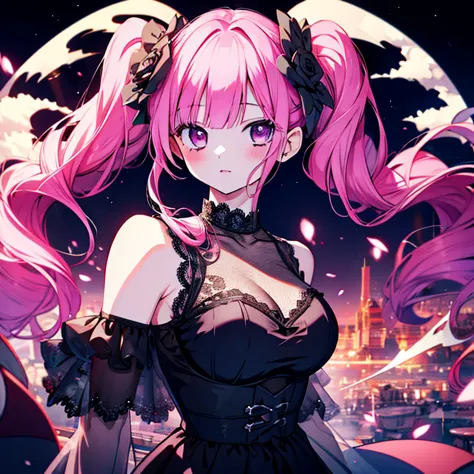 1 girl、mature、ample breasts、long hair、twin tails、pink hair、black dress、lace fabric、rose、night sky、ancient city