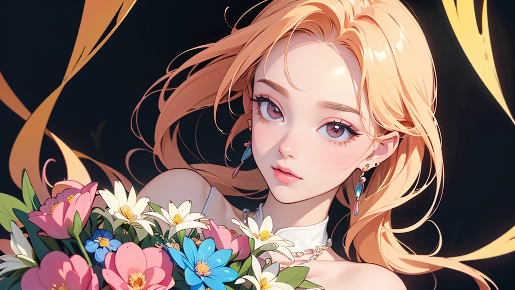 32K, highest quality, The highest masterpiece, (ultra-Detailed Background, Detailed Background), High resolution, Super detailed, Very detailedな, 1 person, (bouquet:1.3), (Tangled:1.2), (Geometric:1.2),(colorful),(masterpiece, quality, best quality, Official Art, Beautiful and beautiful:1.2), (1 person:1.3), Very detailed,(colorful:1.1)(Flowers:1.3),Most detailed,(Tangled:1.2), whole body, (Abstract background:1.3), (Skin glows), (Many colors:1.4), ,(Earrings Jewelry:1.5), Gradient Background, It's imaginative., flaxen hair, low twintails, blode hair, forehead、bow-shaped hair