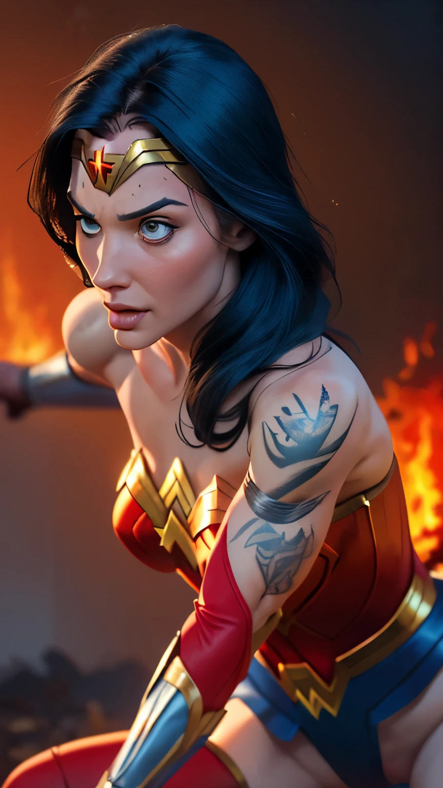 Sexy hot young girl, (( cosplay of Wonder woman in fight pose)), sexy, ((Full tattooed arm)). portrait raw photography ,hyper realistic , (((detailed face, wflame face))), intricate, realistic skin texture, Hot body, athletic body, Brazilian girl, tattooed girl, wearing a little sexy clothes. natural lighting. (((Dystopic abandoned background, fire, Flames))). Cinematic lighting.