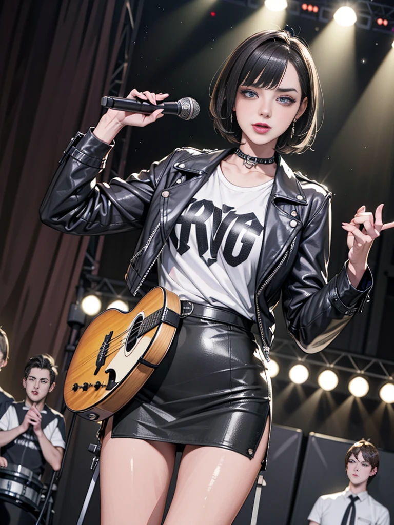 1，Black short hair，Photorealism，detailed，masterpiece， (Lean), Young Girls，Short leather skirt、Dark leather jacket，1，aldult, (Punk Girl)，Earrings、Lip Studs，Dark eyeshadow，high quality，Playing purple bass，band playing，microphone，High resolution 4K information,stage，Cold，Gorgeous lighting，Look at the lens