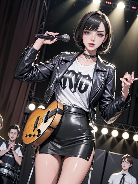 1，black short hair，photorealism，detailed，masterpiece， (lean), young girls，short leather skirt、dark leather jacket，1，aldult, (pun...