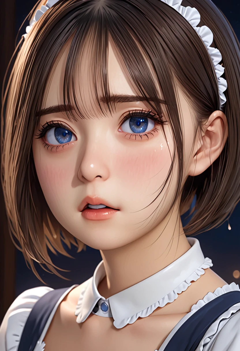 ((portrait))、masterpiece,High resolution, refer to, 3D, realism, To the camera, night, midnight,Light,(1 female: 1.3), (alone: 1.4), Long eyelashes, classical Maid ,Brown short bob, Complex pupil,  Deep blue eyes,  Blushed, shy, Open your mouth, (tear up)