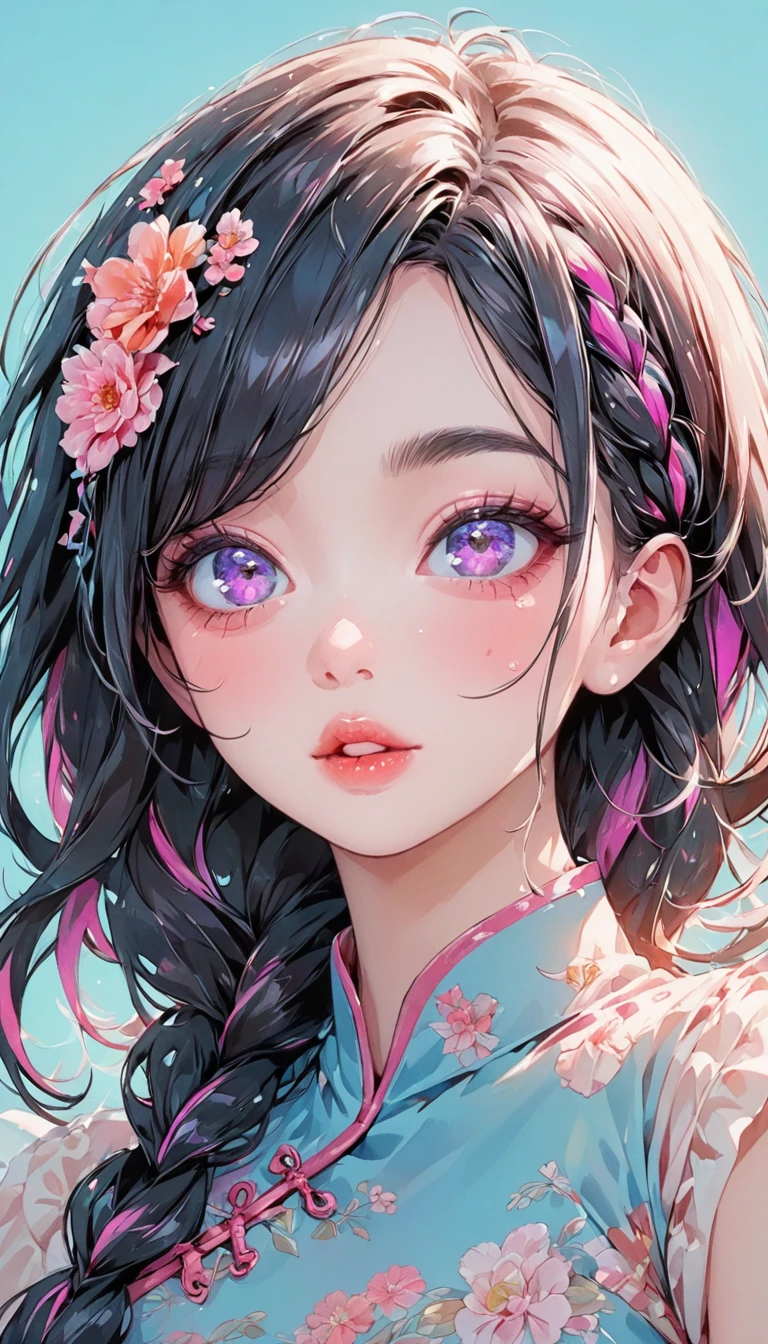 (Highest quality:1.4, City Pop Style, Very detailed, up to date, Vibrant, High Contrast, ), Gal, One person, alone, ((Face Up Shot:1.4)), Neon Color Hair, Braid, Droopy eyes, Long Hairstyles, pastel colour, China dress, flower, Portraiture, asymmetrical bangs, Purple eyes, Cute Face. Lips in Love, Stylish design, Pure light blue background.