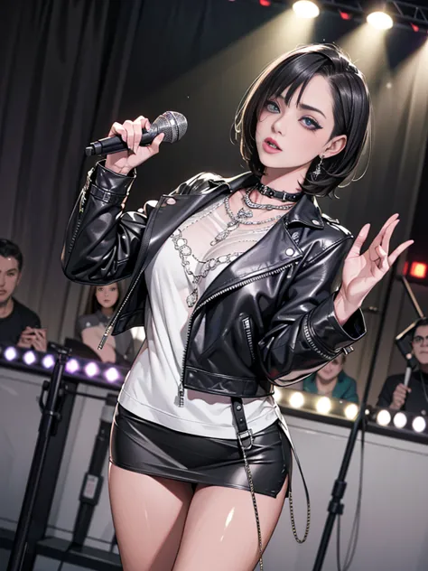 1，black short hair，photorealism，detailed，masterpiece， (lean), young girls，short leather skirt、dark leather jacket，1，aldult, (pun...