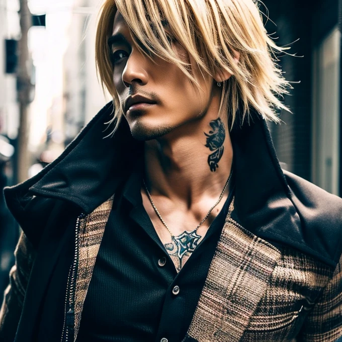 1 man, male, Japanese man, Visual Kai hairstyle, ultra detailed face and body, hyperrealistic, realistic representation, muscular, broad shoulders, tattoos gothic style, Visual Kei style, hairstyle Visual Kei, blond, long hair, 30 years old, age 30, outfit gothic , men's shirt and black pants, Asian eyes, eyes, Visual Kei hairstyle 