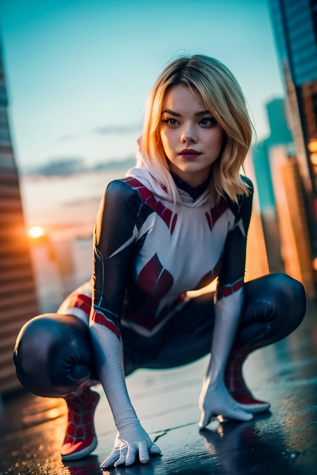 A Masterpiece, 4k, Hyperdetailed, photorealistic, beautiful 2 woman, Emma Stone as spider-gwen, spider-gwen costume, half-smile, exquisite facial features, exposed breasts, visible , exposed legs, exposed body, exposed vagina, visible pussy, sexy, perfect body, slender body, nsfw, naked body, crouching on the rooftop of a tall building, crouching like Spider-Man, legs spread, nighttime, dark metropolis at night in background, legs open, low-angle shot, worms-eye view, perfect lighting, beautiful woman, detailed body, using spider-gwen cosplay, detailed spider-gwen emblem on chest, 1girl, solo, panorama, Nikon, masterpiece, super detail, award winning, 16k, textured skin, highly detailed skin, realistic skin details, beautiful sexy face, visible pores, sharp focus, volumetric fog, 8k uhd, DSLR, high quality, film grain, photo realism