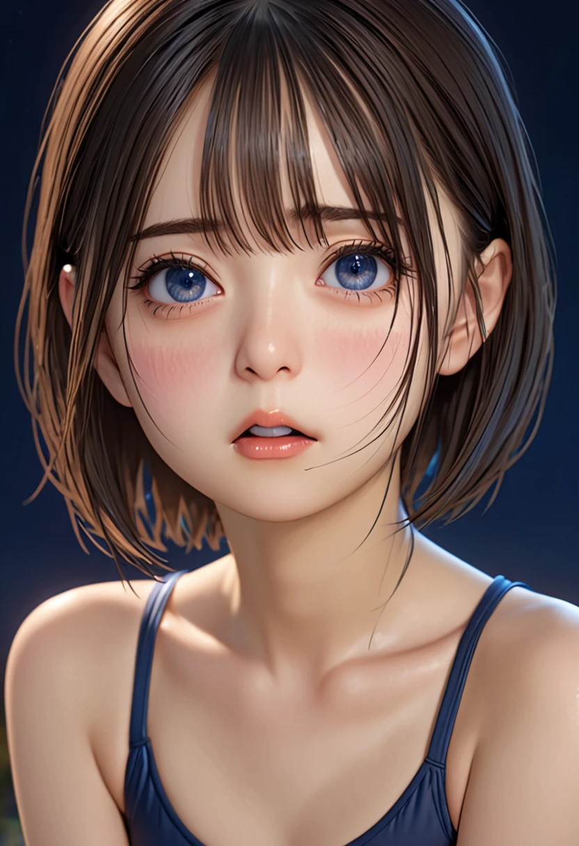 ((portrait))、masterpiece,High resolution, refer to, 3D, realism, To the camera, night, midnight,Light,(1 female: 1.3), (alone: 1.4), Long eyelashes, school swimsuit、Brown short bob, Complex pupil,  Deep blue eyes,  Blushed, shy, Open your mouth, (tear up)