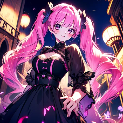 1 girl、mature、ample breasts、long hair、twin tails、pink hair、black dress、lace fabric、smile、rose、night sky、ancient city、high resolu...