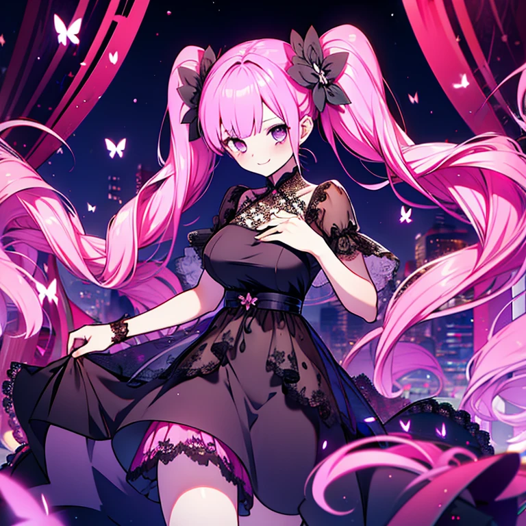 1 girl、Mature、Ample breasts、Long Hair、Twin tails、Pink Hair、Black Dress、Lace fabric、smile、rose、Night Sky、Ancient City、High resolution、Highest quality、butterfly