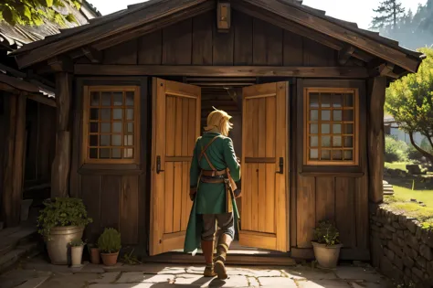 "the exterior of an old house in kakariko village. link is seen from behind as he is about to open a wooden door. link is wearin...