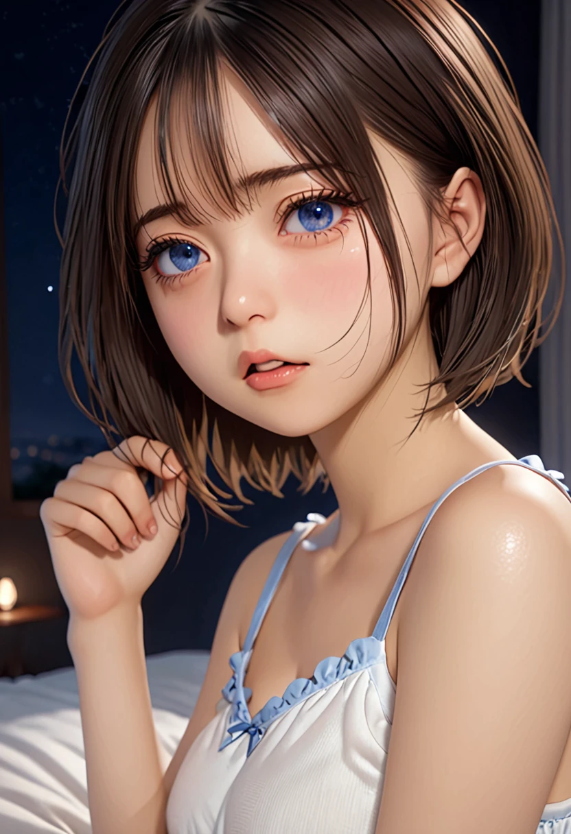 ((portrait))、masterpiece,High resolution, refer to, 3D, realism, To the camera, night, midnight,Light,(1 female: 1.3), (alone: 1.4), Long eyelashes, White Camisole pajama set、Brown short bob, Complex pupil,  Deep blue eyes,  Blushed, shy, Open your mouth, (tear up)