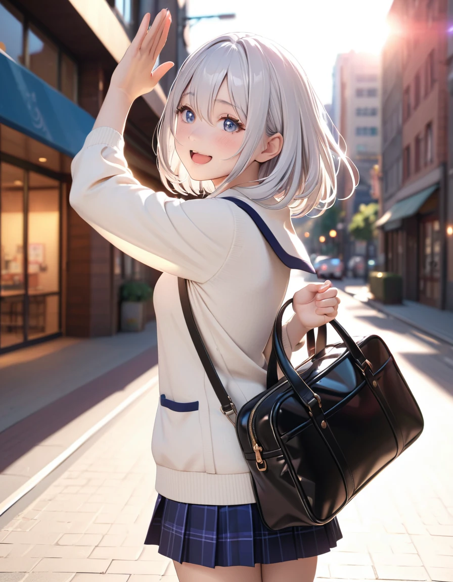 masterpiece, glowing particles, ambient lights, cute, 8K, hdr, high details, perfect lighting, perfect anatomy, BREAK (shiny silver hair:1.2), (bob cut, bang between eyes, beautiful hair), (glossy silver eyes:1.5), (beautiful eyes, twinkle eyes, large eyes), (athlete body, large breasts), cute face, beautiful face, pretty face, beautiful, best quality, good anatomy, long eyelashes, expressive eyes, Perfect Hands, perfecteyes, BREAK morning, sunshine, high school uniform, beige cardigan, city, holding school bag, (walking), looking back, arms up, She's waving her hands, embarrassed, happy, close eyes, open mouth, laugh,