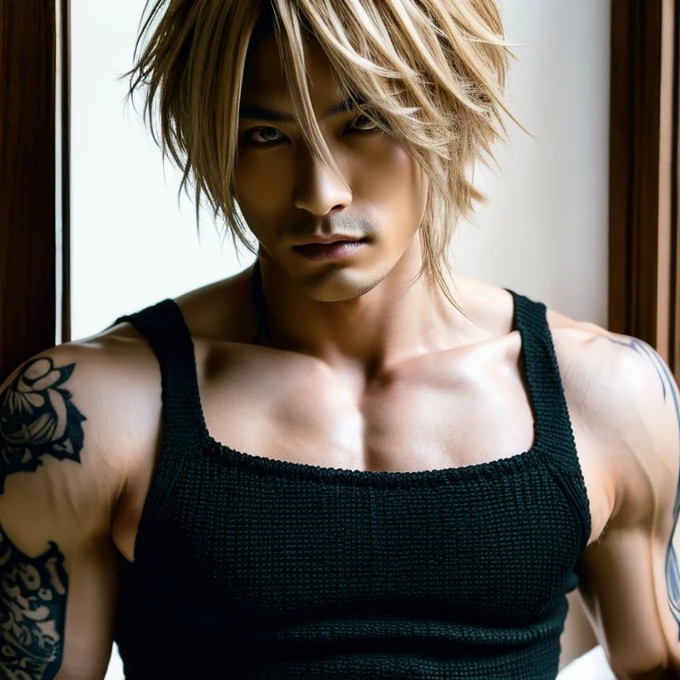 1 man, male, Japanese man, Visual Kai hairstyle, ultra detailed face and body, hyperrealistic, realistic representation, muscular, broad shoulders, tattoos gothic style, Visual Kei style, hairstyle Visual Kei, blond, long hair, 30 years old, age 30, outfit gothic , men's shirt and black pants, Asian eyes, eyes, Visual Kei hairstyle 