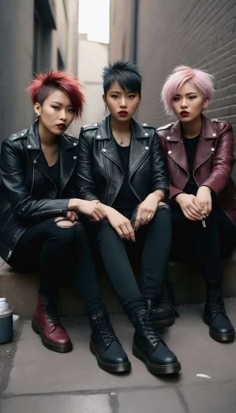 three asian punk women, each radiating their own fierce individuality, are seated on the gritty pavement of a dimly lit back all...