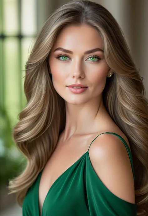 create an image of a confident woman exuding elegance and charm, with flowing hair and striking green eyes. she should be posed ...