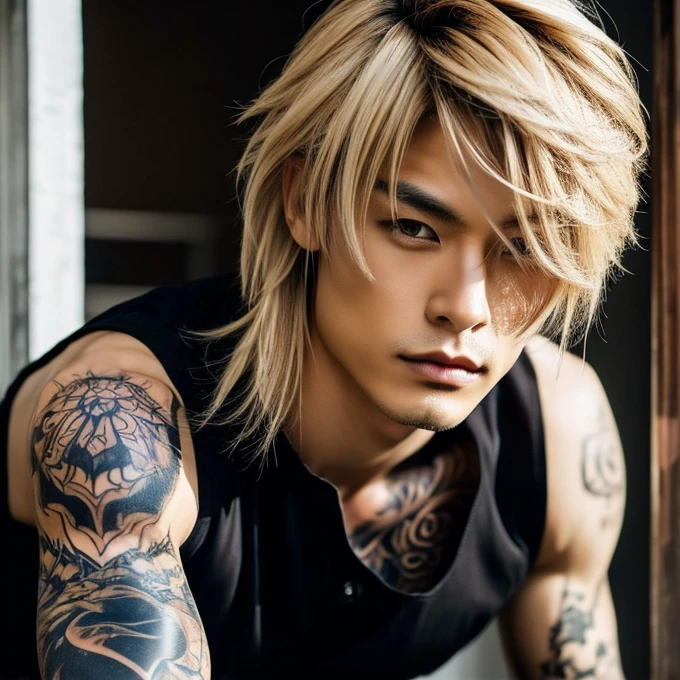 1 man, male, Japanese man, Visual Kai hairstyle, ultra detailed face and body, hyperrealistic, realistic representation, muscular, broad shoulders, tattoos gothic style, Visual Kei style, hairstyle Visual Kei, blond, long hair, 30 years old, age 30, outfit gothic , men's shirt and black pants, Asian eyes, eyes, Visual Kei hairstyle 