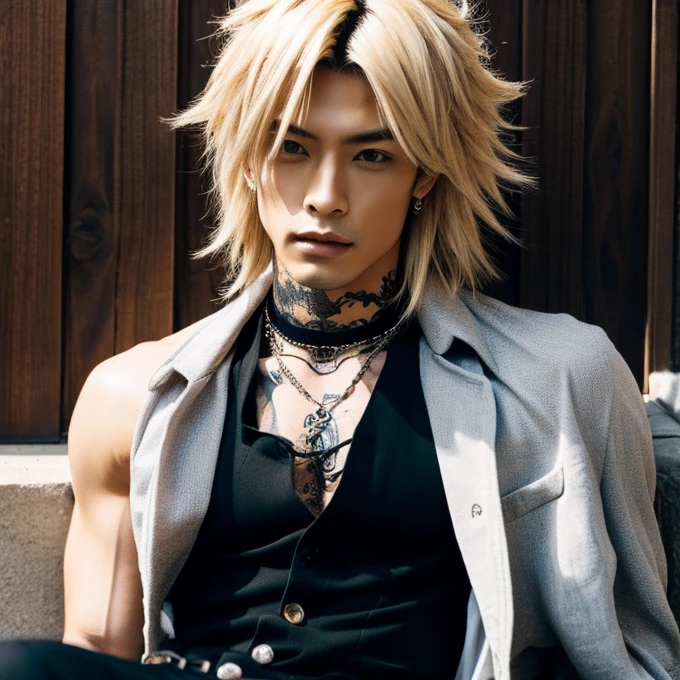 1 man, male, Japanese man, Visual Kai hairstyle, ultra detailed face and body, hyperrealistic, realistic representation, muscular, broad shoulders, tattoos gothic style, Visual Kei style, hairstyle Visual Kei, blond, long hair, 30 years old, age 30, outfit gothic , men's shirt and black pants, Asian eyes, eyes, Visual Kei hairstyle 