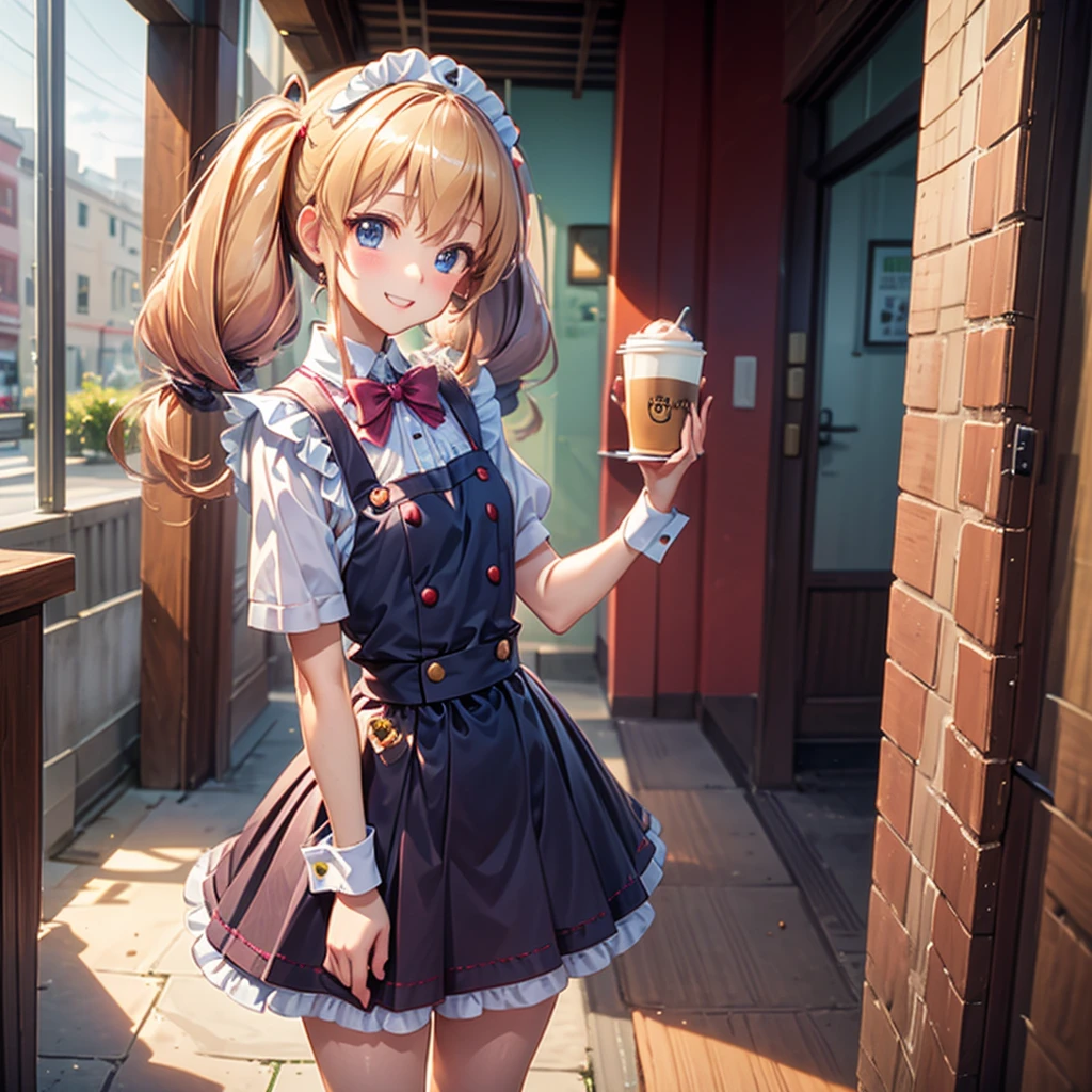 １One Coffee、１Two small sandwiches、The tray１Having one、Elementary school girl、slender、Petite、Droopy eyes、Blonde、Small twin tails、waitress、mini skirt、White apron、smile、Close ~ eyes、Lift the corners of your mouth、White teeth、Thighs