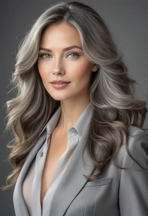 create an image of a confident woman exuding elegance and charm, with flowing hair and striking (((grey|clear eyes))). she shoul...