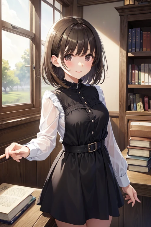 anegasaki nene、Shiny brown hair, short hair, (Beautiful brown eyes、Sparkling eyes, Fine grain)、smile、Ultra-detailed eyes、Highly detailed face, Highly detailed eyes,



(anime)、(masterpiece:1.2),Atmospheric perspective,Lens flare、Used Bookstore、Another worldview、Girl looking for a book、((Chic black mini dress))、clear、、cute、Light coming in through the window、The dust shines like a streak of light..、Light Generation、Nostalgic atmosphere、