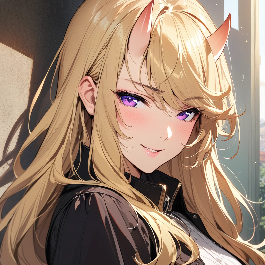 (masterpiece),(best quality),(ultra-detailed),(best illustration),(best shadow),(absurdres),(detailed background),(very aesthetic), francis(taimanin), blonde hair, long hair, purple eyes, seductive smile, oni horns, close-up, portrait, upper body view,