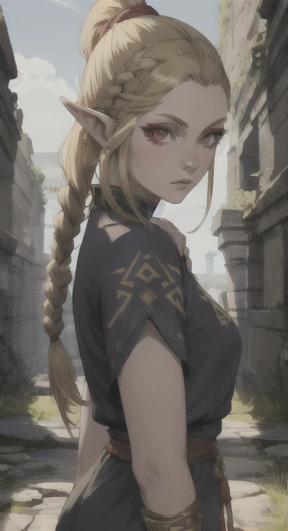 Modern Hylian, Hylia, blonde, red eyes, looking at viewer, POV, modern clothing, ponytail braids hairstyle, ancient Hyrule ruins,