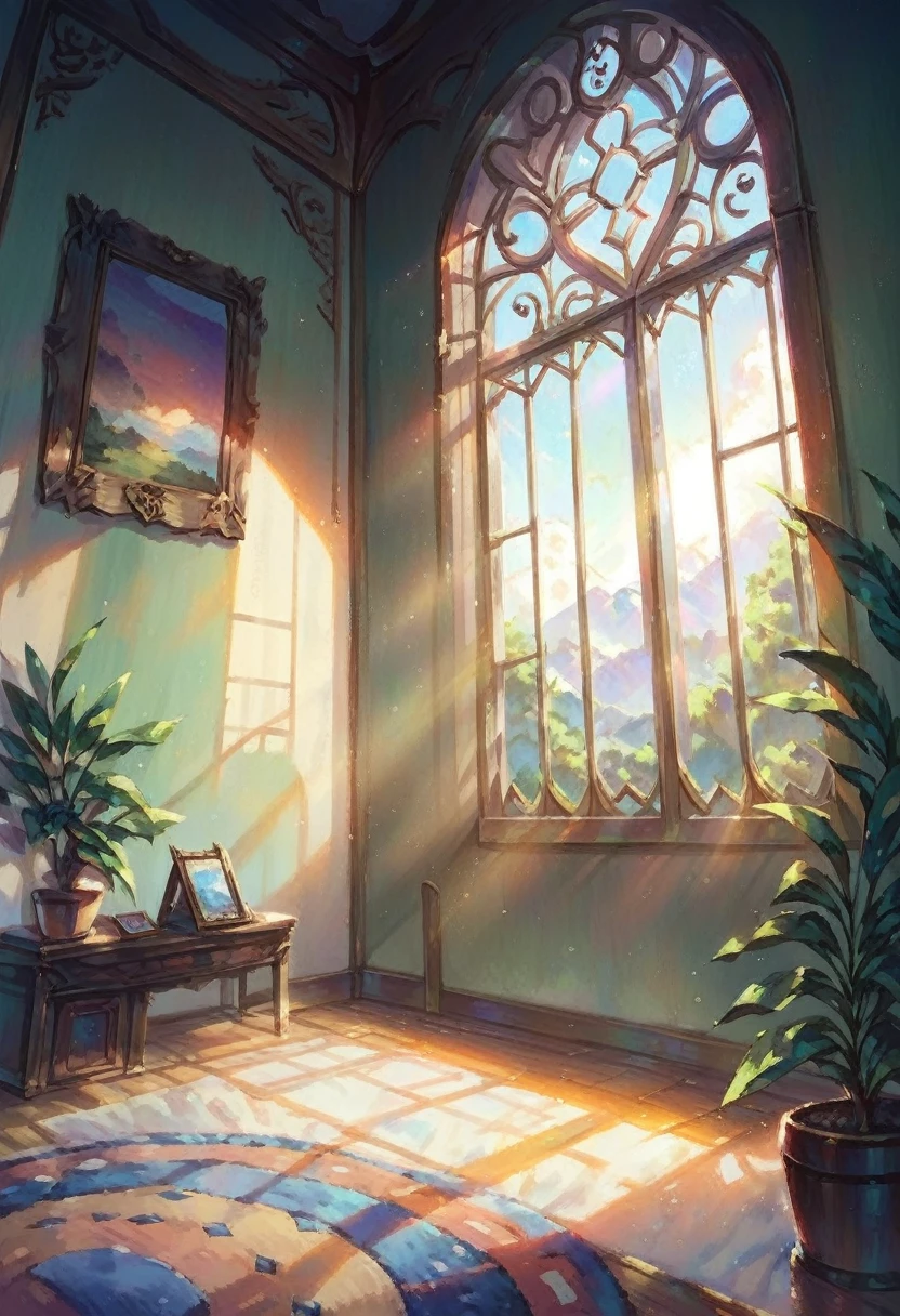 score_9, score_8_up, score_7_up, score_6_up, score_5_up, score_4_up, best aesthetic, high quality, 1girl, sitting by a window, side angle shot, living room, modern, anime painting,  facing viewer, diagonal lighting, beautiful lighting, mesmerizing, masterpiece