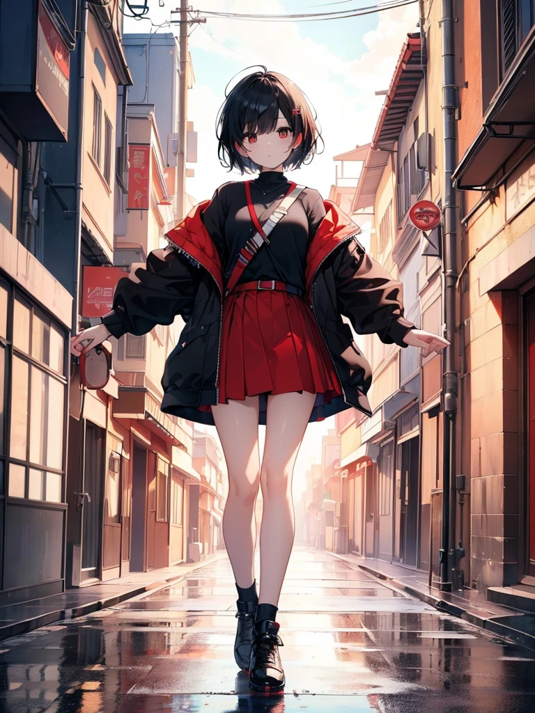 (masterpiece, highest quality, highest quality, (No text), Beautiful and aesthetic:1.2),No text,アニメ、BREAK,One Girl，Black Hair Girl　 adult　short hair　older sister　Beautiful eyes　Red eyes　cool　Black and Red　skirt　Black jacket　White clothing　Full Body Outdoors