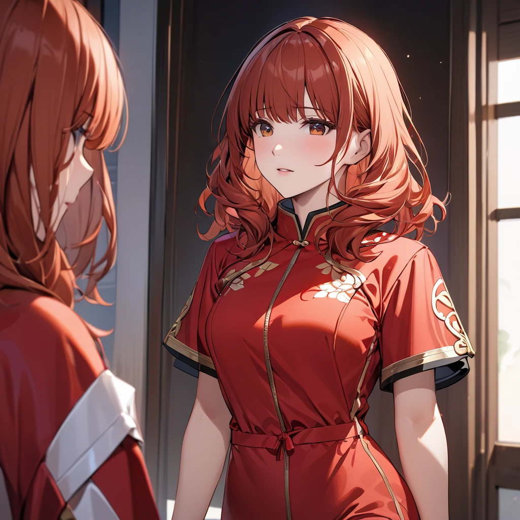 ((Highest quality)), ((masterpiece)), (detailed), （Perfect Face）The woman is a Celica with red hair.、The woman is wearing a Mao suit