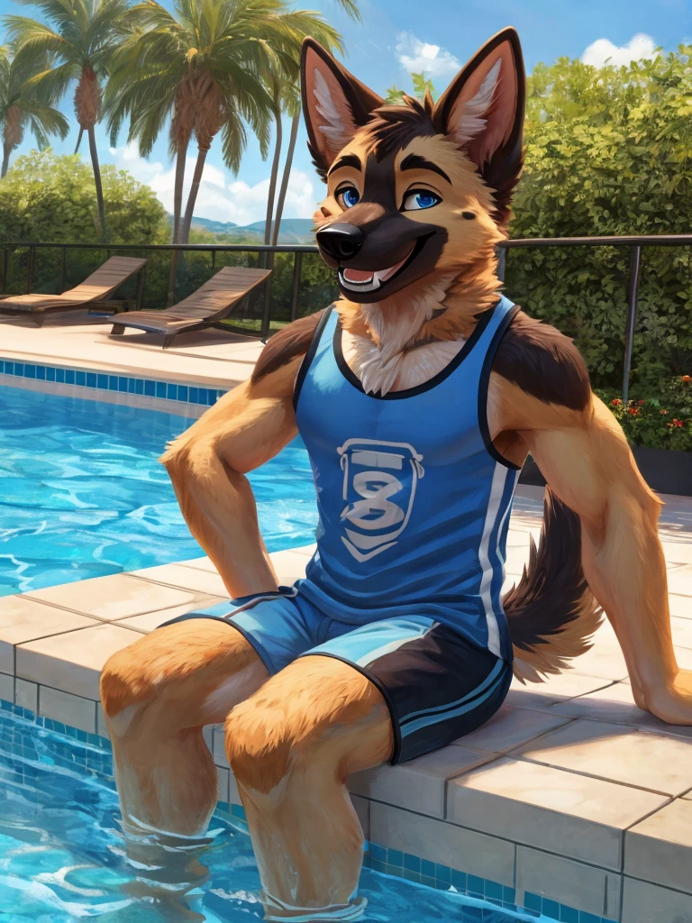 sturdy body, german shepherd dog head, blue colored eyes, dog ears, blushful, ssmile, Teeth fangs, happy/glad, slightly-smile, wearing a white sleeveless t-shirt, short preto, pool background scenery, sitting pose,HD Model, detail, Masterpiece artwork, 