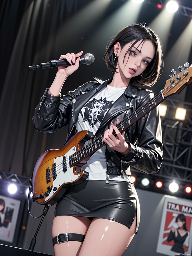 1，Black short hair，Photorealism，detailed，masterpiece， (Lean), Young Girls，Short leather skirt、Dark leather jacket，1，aldult, (Punk Girl)，Earrings、Lip Studs，Dark eyeshadow，high quality，Playing purple bass，band playing，microphone，High resolution 4K information,stage，Cold，Gorgeous lighting，Look at the lens