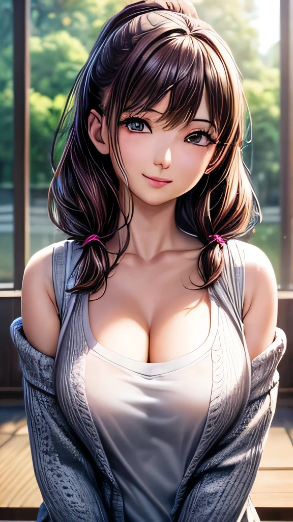 (masterpiece:1.3), (8k, Photorealistic, RAW Photos, Best image quality: 1.4), Japanese schoolgirl、(Random Hairstyles:1.2)、Cleavage:1.2、Super detailed face、Attention to detail、double eyelid、Put your chest together、Sharp focus:1.2、Beautiful woman:1.4、Light brown hair、Highest quality、masterpiece、Ultra-high resolution、(Photorealistic:1.4)、Highly detailed and professionally lit smile、Loose, lightweight knitwear、Shoulder out、thin、A happy smile,downblouse,