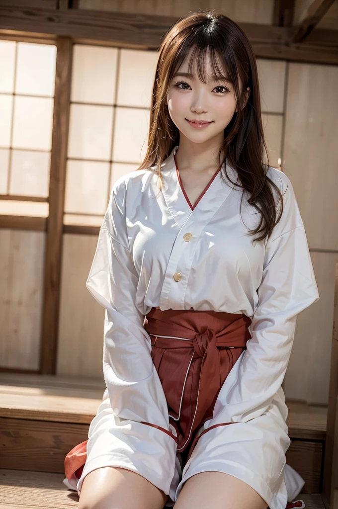 8k、High definition、Ultra Detail、Photorealistic、High resolution、Realistic and accurate depiction、Realistic and accurate human anatomy、Highest quality、Japanese women 、beautiful girl、White and red hakama、Red hakama on top and red on bottom,White tabi,Red ribbon in hair,1,bangs,Smile a little,knees,Japanese style hairstyle,Looking up from below, An innocent smile、Natural Makeup、Perfect Skin、Charm、cute