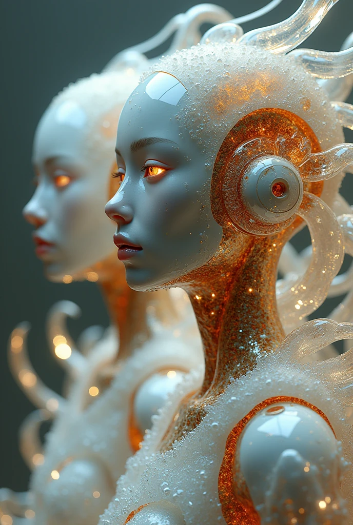 An Award-Winning Masterpiece, Heavily Detailed, art from the 'art of control' collection by Jasper Harvey, in the style of futuristic optics, silver and gold, detailed facial features, swirling vortexes, 8k 3d, whimsical cyborgs, made of crystals


