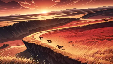 anime aestetics, anime scenery, savanna, wild horses running through the field, huge canion on the background, landscapes of ame...