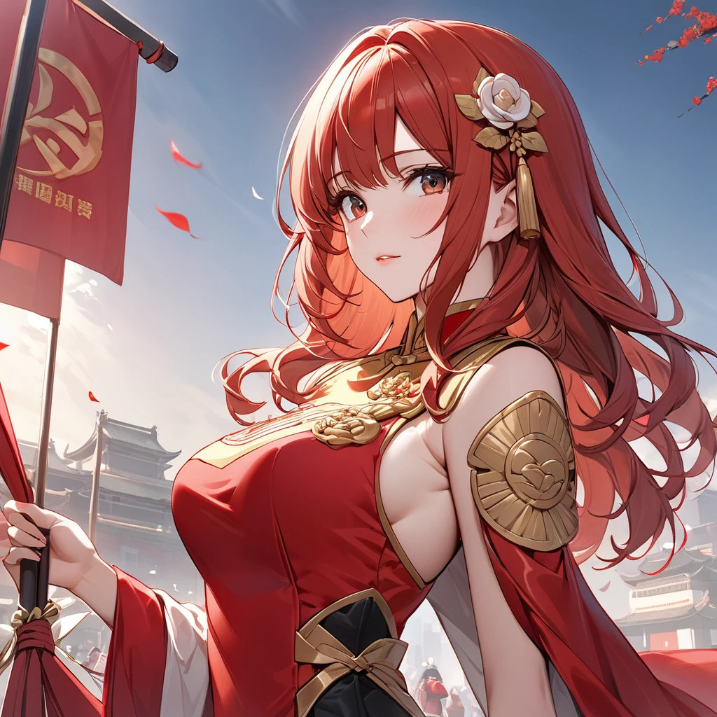 ((Highest quality)), ((masterpiece)), (detailed), （Perfect Face）The woman is a Celica with red hair.、The woman is wearing the Chinese Communist Party&#39;s Mao suit.