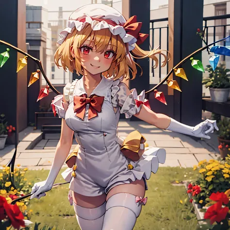 flandre_scarlet_touhou, blonde_hair, wings, red_eyes, crystal, bangs, ribbon, bow, blush, smile, vest, hair_between_eyes, red_bo...