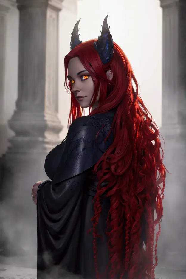 a female demon with midnight blue skin, glowing amber eyes, wild mane of fiery red hair cascading down her back, flowing dark ro...