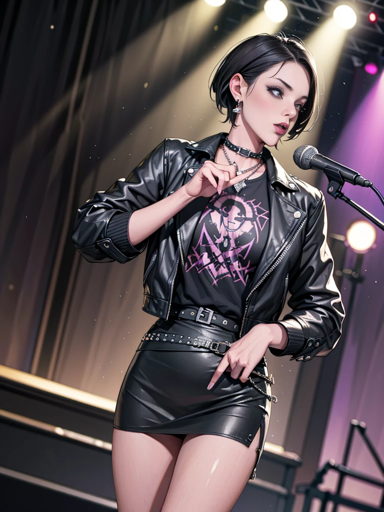 1，Black short hair，Photorealism，detailed，masterpiece， (Lean), Young Girls，Short leather skirt、Dark leather jacket，1，aldult, (Punk Girl)，Earrings、Lip Studs，Dark eyeshadow，high quality，Playing purple bass，band playing，microphone，High resolution 4K information,stage，Cold，Gorgeous lighting，Look at the lens