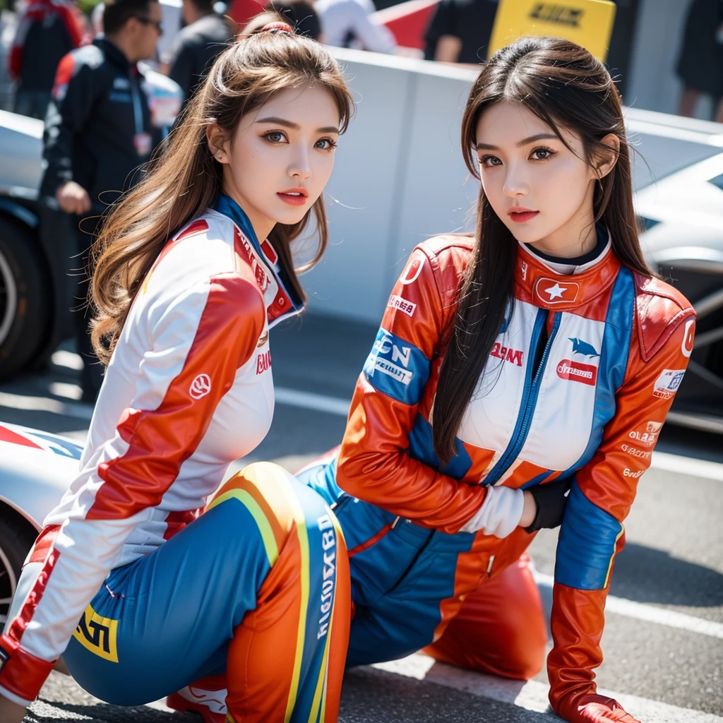 Super detailed photos、Detailed face、Cool woman、Colorful costumes、F1 Driver Cosplay、Colorful costumes、Clothing with company logo、The Grid Girls&#39; colorful and flashy costumes、Grid Girls、Perfect Face、Paddock Girls、harem、motor Show、tights、Bodycon Costumes、Grid Girls、Russia、Grid Girlsのコスプレ、belly button、Pleated skirt、Bodycon Costumes、Legs open pose、With legs spread