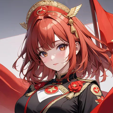 ((highest quality)), ((masterpiece)), (detailed), （perfect face）the woman is a celica with red hair.、the woman is wearing the ch...