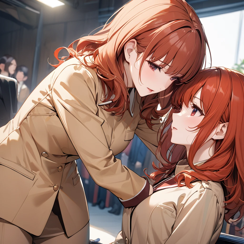 ((Highest quality)), ((masterpiece)), (detailed), （Perfect Face）The woman is a Celica with red hair.、The woman is wearing a khaki Mao suit.