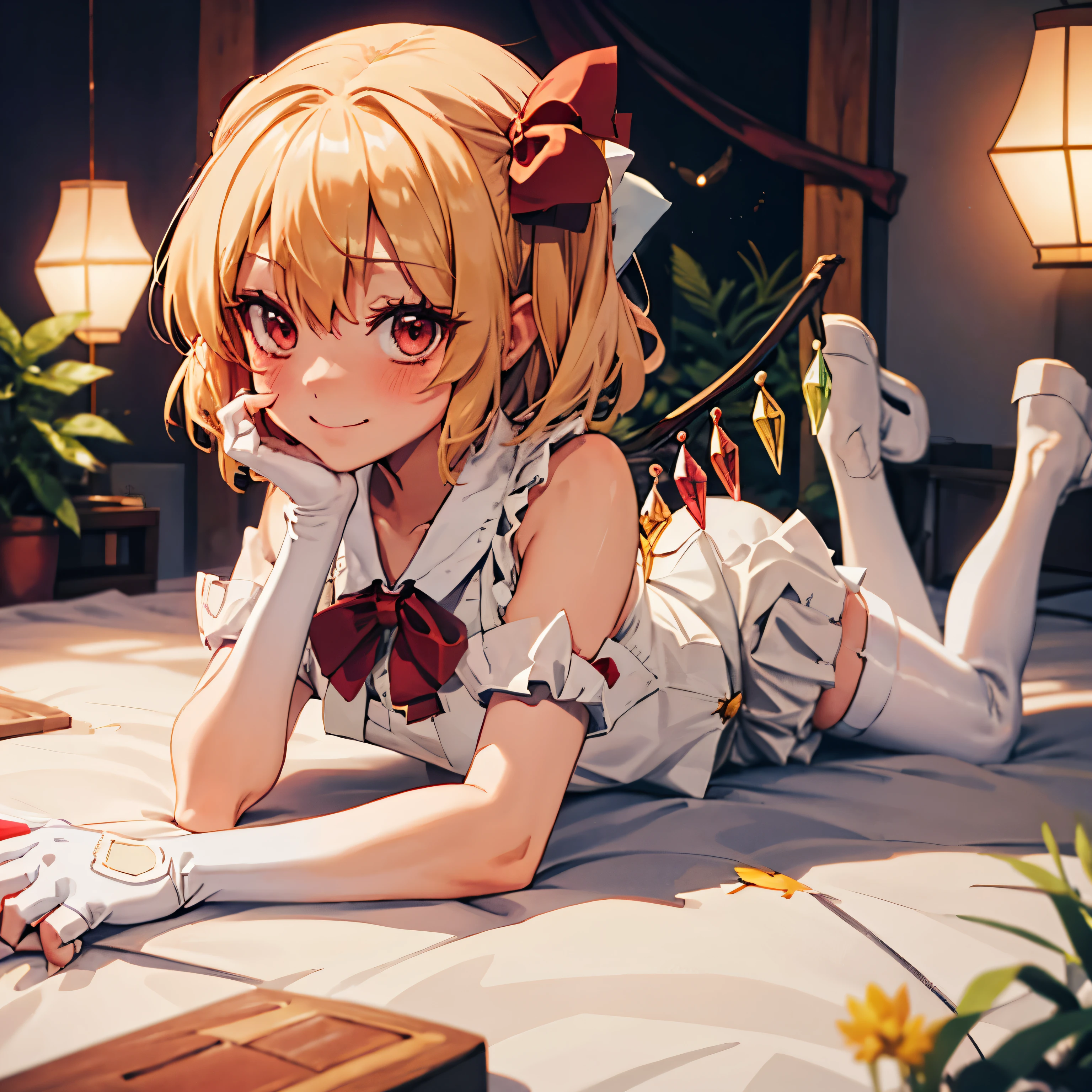 flandre_scarlet_touhou, blonde_hair, wings, red_eyes, crystal, bangs, ribbon, bow, blush, smile, vest, hair_between_eyes, red_bow, red_ribbon, hat_ribbon, short_hair, aether foundation employee, white clothes, pouch, thigh boots, gloves, white pantyhose, short shorts, (((lying down)))