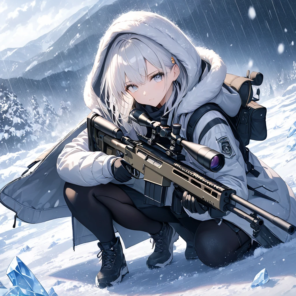 anime、((Amazingly absurd)),(masterpiece:1.2),超High resolution, Attention to detail, high quality, High resolution, 最high quality, 4K, 8k、Sniper girl,sniper rifle,Barrett M72,Playing a very long barrel,Winter gear,Wearing fur clothes,Wear a hood((White Hair,White eyes)),White theme,Get down on one knee,Snow falling from the sky,Crystal of snow,Rain on Glass,Straight face,Serious expression,Large ice in the background,Side angle