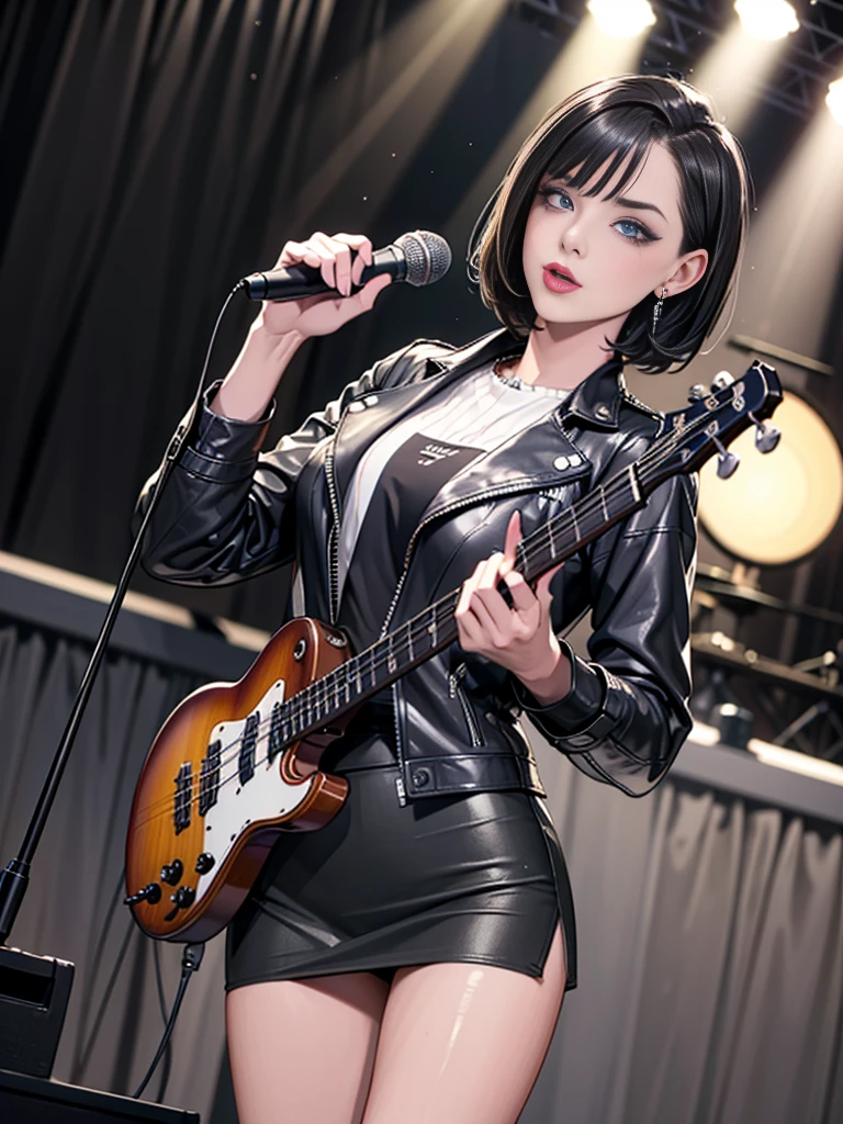 1，Black short hair，Photorealism，detailed，masterpiece， (Lean), Young Girls，Short leather skirt、Dark leather jacket，1，aldult, (Punk Girl)，Earrings、Lip Studs，Dark eyeshadow，high quality，Playing purple bass，band playing，microphone，High resolution 4K information,stage，Cold，Gorgeous lighting，Look at the lens