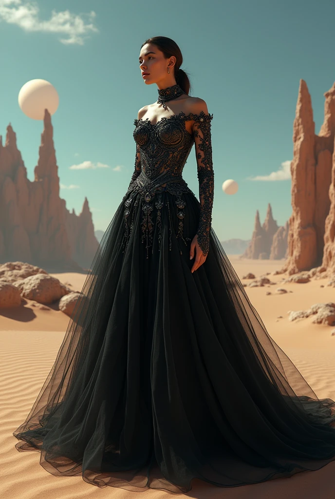 An Award-Winning Masterpiece, (photo realistic) A young woman with a maximalist dark aesthetic, wearing a dramaticmini black gown with intricate embroidery, is surrounded by a surreal desert landscape where the dunes are interspersed with giant, crystal formations and the sky is filled with multiple moons.                  (((metallic ominous war))) [in the style of Anna Razumovskaya and Clovis Trouille:0.4] ral-dissolve, surrealist fantasy, with a Maximalist Style. figure complète hyperréaliste, vetement style musique electronique, ultraRéaliste, hypermaximaliste, 4k, Moteur irréel, POINTU, détaillé, méga réalisme, Réaliste, hyperRéaliste,