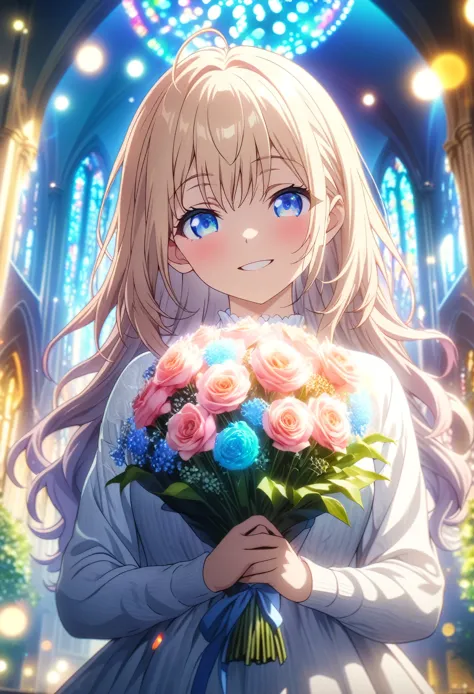 masterpiece, highest quality, highly detailed cg unity 8k wallpaper, one girl, anime screenshot, holding a bouquet of flowers gl...